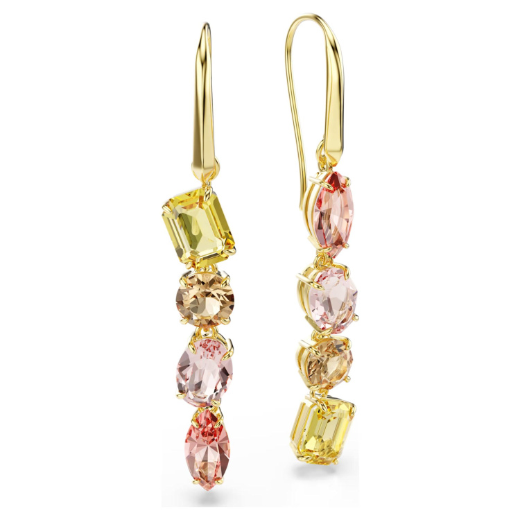 Gema drop earrings Asymmetrical design, Mixed cuts, Pink, Gold-tone plated